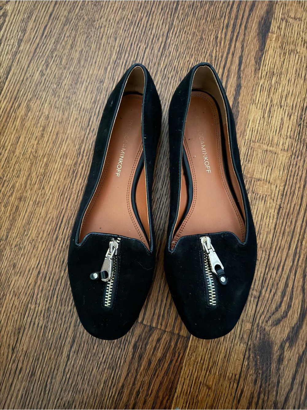 Rebecca Minkoff Black Suede Flats with Silver Zip Accent